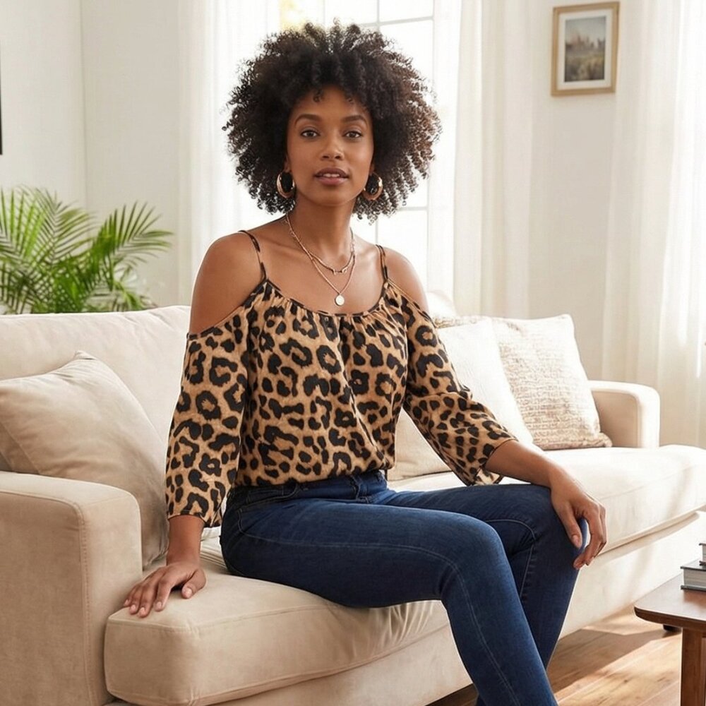 Leopard Print Cold Shoulder Top | 3/4 Sleeve | Size 4X | Curvy Boho Blouse - Picture 2 of 5